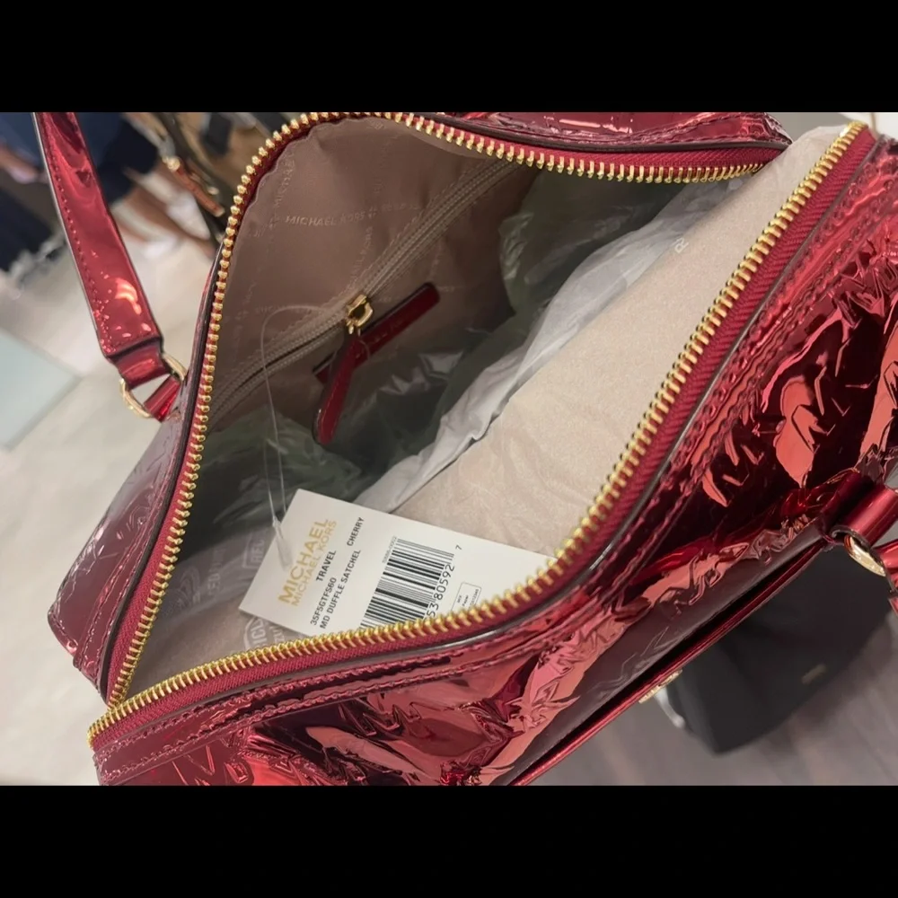 MICHAEL KORS Jet Set Medium Metallic Logo Debossed Satchel
Cherry 
NWT - Picture 10 of 15